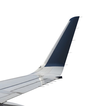 Airplane wing with a dark blue winglet isolated on a clean white background, showcasing modern aviation design and technology for travel and transport concepts