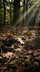 Obraz premium Wild Rabbit on Forest Floor with Sun Rays and Autumn Leaves