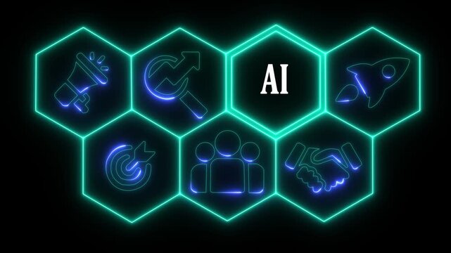 Glowing neon line AI business concept from a display of white hexagon shapes and symbols with a blue tint. abstract technology background with rotating world map icon
