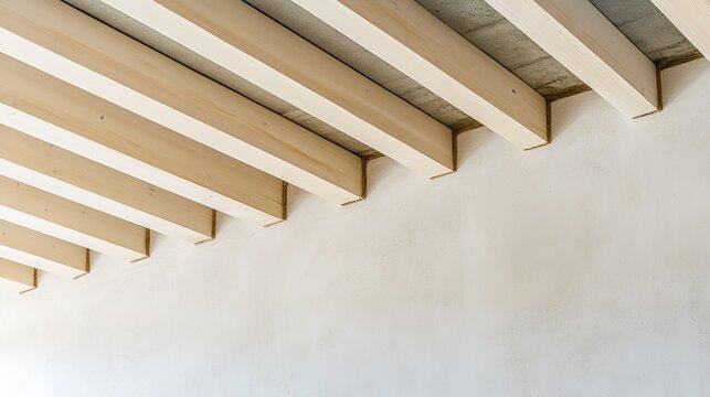 joists. Architectural detail of exposed wooden joists against a plasterboard wall. real-estate listings, architecture portfolios, designed for interior renovation comparisons for interiors.
