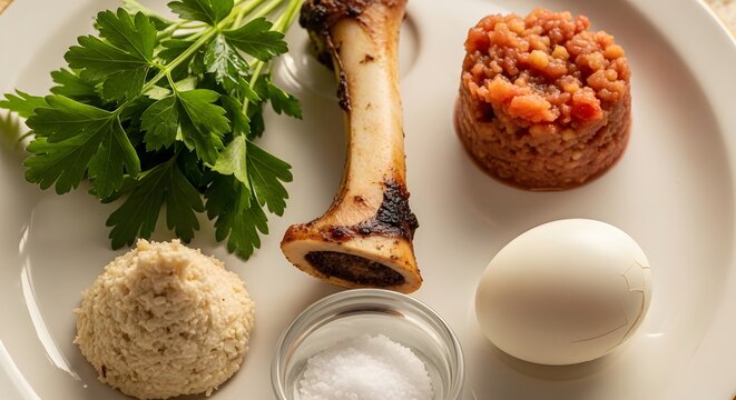 Traditional Passover Seder Plate with Symbolic Foods for Jewish Holiday Celebration.