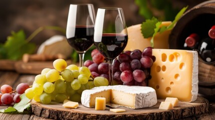 Naklejka premium Elegant Cheese and Wine Pairing with Grapes and Wooden Board Surrounded by Rustic Decor
