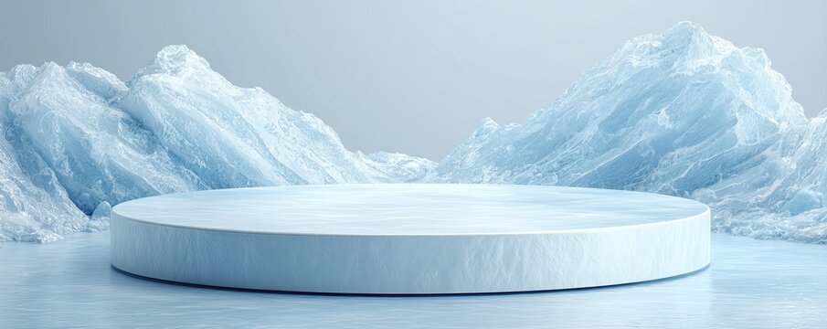 A frosty stage set against a backdrop of icy formations, all in serene blue tones