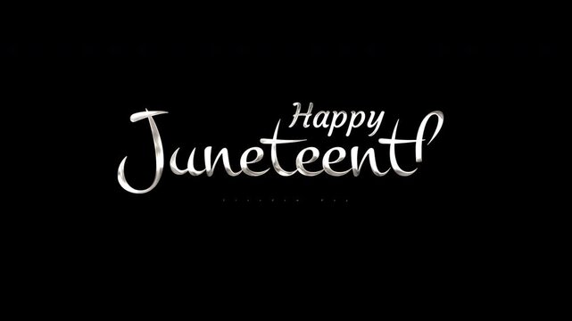 Happy juneteenth image with white text on black background, suitable for social media posts, presentations, and educational materials celebrating the holiday.