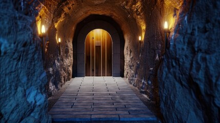 Fototapeta premium Mysterious Cave Entrance with Wooden Door and Dim Lighting, Ideal for Adventure and Fantasy Themes