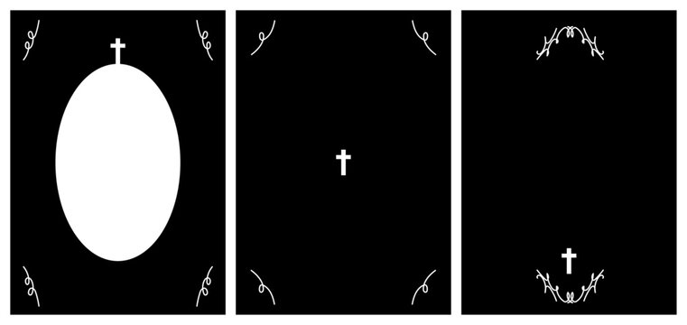 Funeral cards set. Frames with cross.  Funeral wreath frame under the fhoto. Mourning  square frame.
