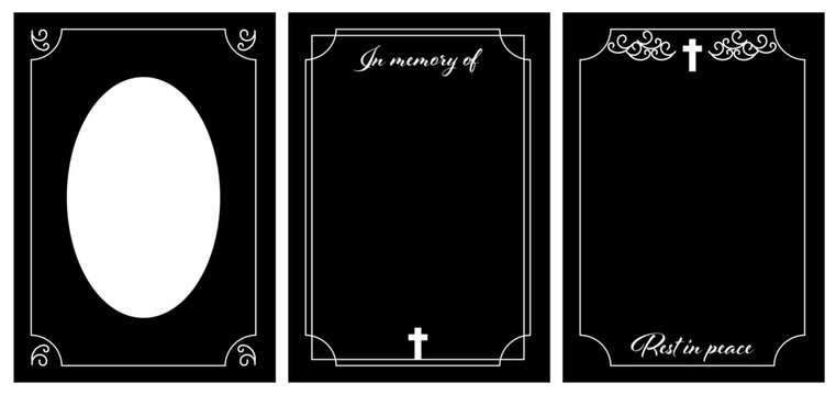 Funeral cards set. Frame In memory of and Rest in peace with cross and ornate curl ornament.  Funeral wreath frame under the fhoto. Mourning  square frame.
