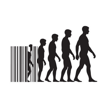 Human evolution depicted as silhouettes progressing from ape to modern man with barcode