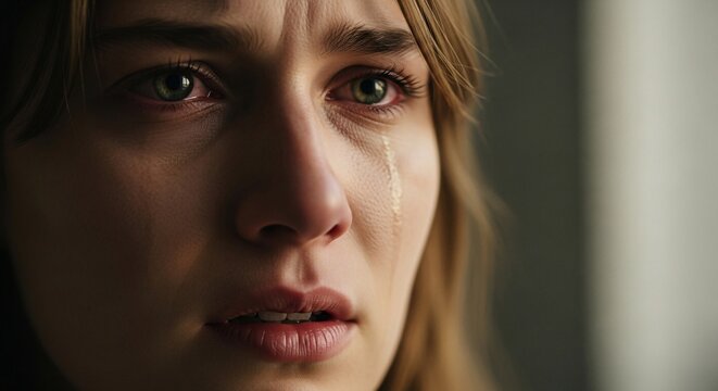 Close-up of a young woman's face with tears streaming down her cheeks, conveying a deep sense of sadness and emotional distress
