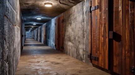 Obraz premium Dark and Gloomy Passageway with Rustic Wooden Doors in an Old Stone Corridor