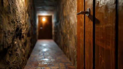 Obraz premium Narrow stone corridor with wooden doors illuminated by warm light showcasing rustic architecture and inviting atmosphere