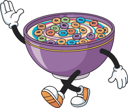 Cartoon purple bowl of colorful fruit loop cereal with milk, featuring arms, legs, and white gloves, waving hello in a playful vector illustration.