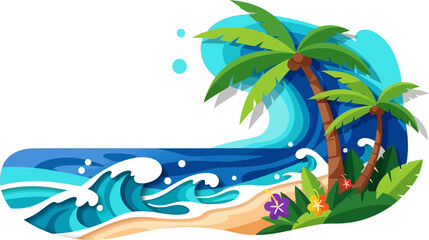 Fototapeta premium Big blue waves breaking on a sandy shore with tropical plants