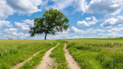 Obraz premium Serene Country Road Surrounded by Lush Green Fields and a Majestic Tree Under a Bright Blue Sky with Fluffy White Clouds