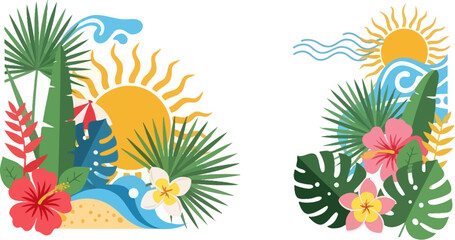 Decorative border with tropical leaves flowers sun and waves