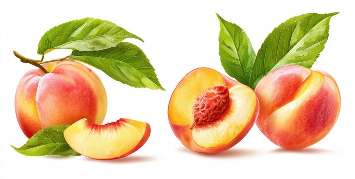 Realistic, detailed image of peaches, some sliced, with green leaves on white