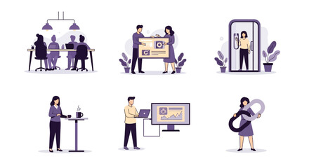 Six flatstyle vector illustrations depicting office and business activities