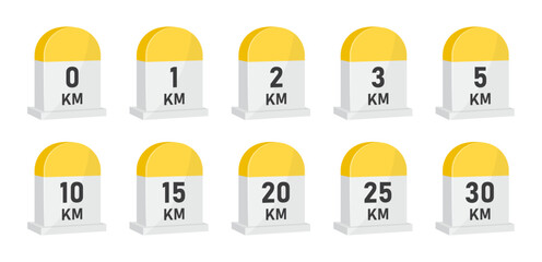 Road distance milestone markers set 0, 1, 2, 3, 5, 10, 15, 20, 25, 30 km yellow kilometer stones for navigation route map and travel vector illustration
