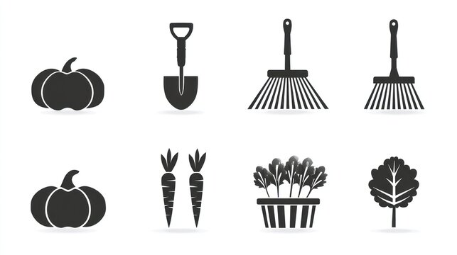 Collection of essential gardening tools and produce icons displayed in two rows.