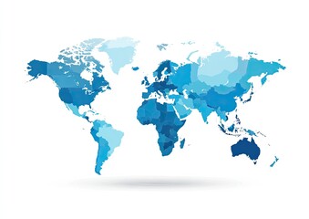Fototapeta premium Blue geometric world map with country outlines, light shadow on white background