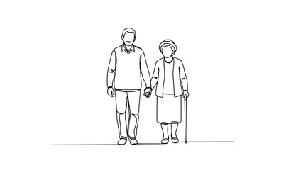 Continuous One Line Elderly Couple Walking Holding Hands Love and Companionship Vector Illustration
