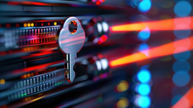 High-tech digital key inserted into a modern server showcasing cybersecurity and data protection concepts in a vibrant backdrop
