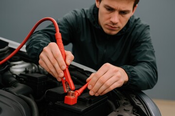Car battery testing with jumper cables by mechanic in workshop setting