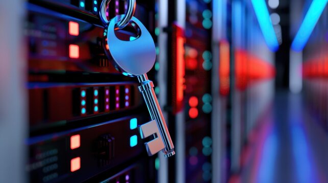 Key Hanging from Server Rack in High-Tech Data Center with Colorful Lights and Modern Design