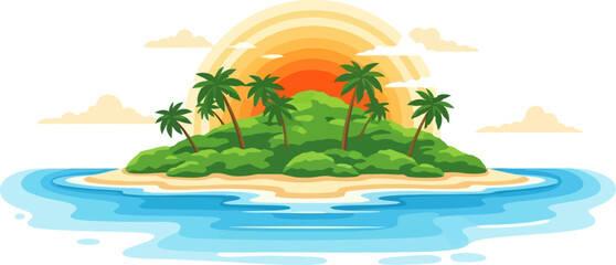 Small tropical island covered in greenery under a glowing sunset © Nabil