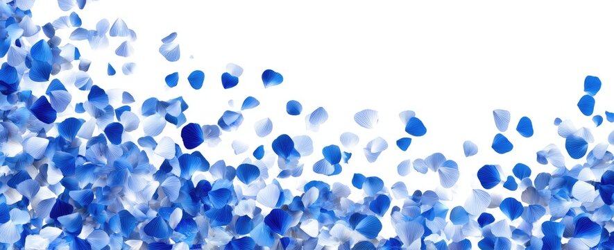 Blue petals cascade in a vibrant, artistic arrangement against a bright white backdrop