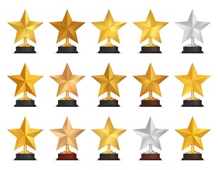 Obraz premium Assorted star-shaped trophies on black and brown bases, various metals