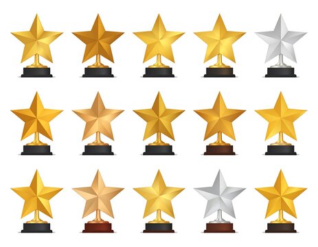 Assorted star-shaped trophies on black and brown bases, various metals
