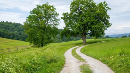 Serene Country Pathway Surrounded by Lush Green Fields and Majestic Trees Under Clear Sky