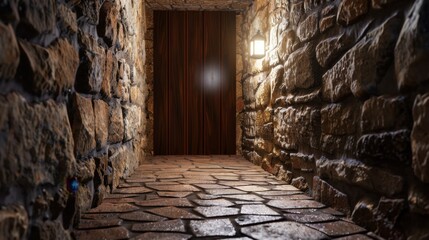 Dimly Lit Stone Corridor with Wooden Door Surrounded by Rustic Stone Walls and Warm Light Source