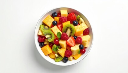 Colorful mixed fruit salad in a white bowl, against a white backdrop