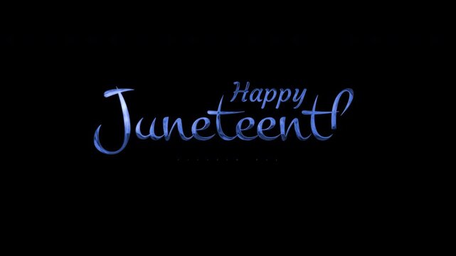 Text happy juneteenth in blue on black background suitable for social media posts, blog headers, and presentations celebrating the holiday.