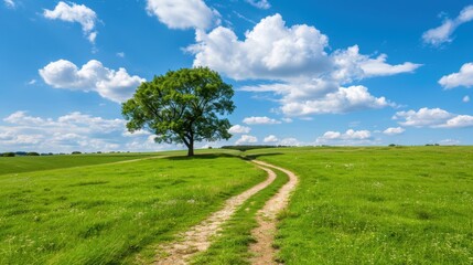 Lush Green Landscape with a Solitary Tree and Dramatic Cloudy Sky in a Serene Countryside Setting