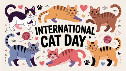 Obraz premium International cat day illustration with colorful cartoon cats and hearts on beige background