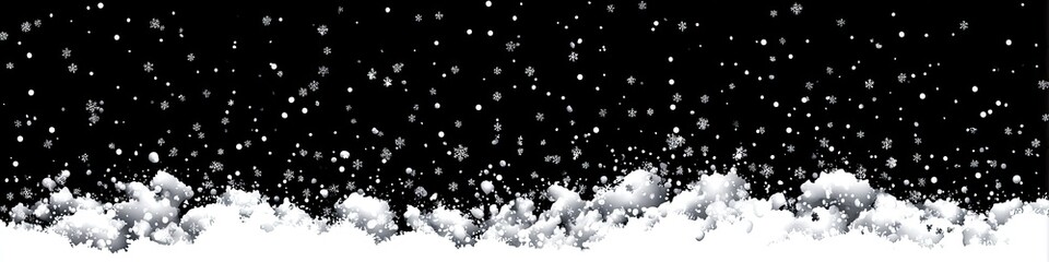 A snowy night scene falling snowflakes above a fluffy, white, stylized snow bank