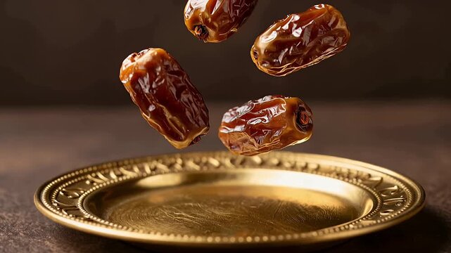 dates floating above ornate brass plate in warm studio lighting closeup