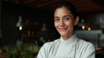 Fototapeta premium Portrait of a young woman in a restaurant kitchen. she is wearing a white chef's jacket and has her hair pulled back in a neat bun.