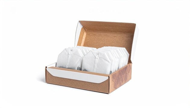 A cardboard box displays tea bags neatly arranged inside against a white background