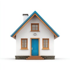 A small white house with a blue roof, door, and windows, isolated on a white background