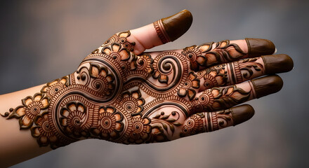 Beautiful henna mehndi design on female hand with intricate floral patterns and swirls