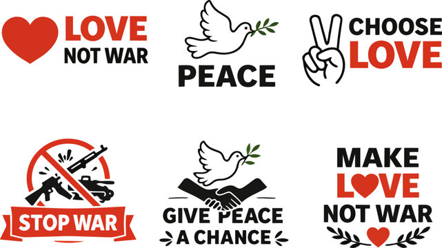 Anti war and peace protest symbol set including stop war hand sign, no war rifle prohibition symbol, peace sign, dove with olive branch, choose peace heart symbol and end war explosion icon. Flat vect