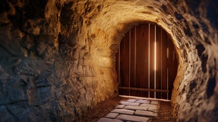 Obraz premium Enchanted Stone Tunnel with Wooden Door Illuminated by Light Rays in a Mysterious Setting