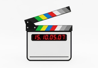 Fototapeta premium Cinematic slate featuring brightly colored markings and a digital display showing numerical information.