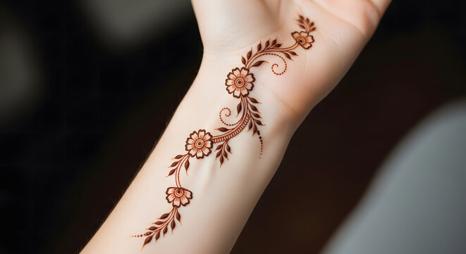 Delicate henna mehndi floral design on a female wrist, elegant and minimalist style