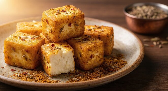 Golden-brown veth tsaman &ndash; Indian cheese cooked in oil and Kashmiri spices, Kashmiri cheese dish, Indian Recipe, Asian Cuisine