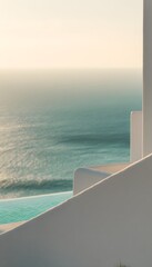 Fototapeta premium Luxurious Mediterranean villa overlooks turquoise sea bathed in golden hour sunlight perfect summer escape